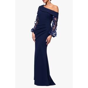 Escape Floral Appliqué Long Sleeve Navy Blue Gown Size 16 NWT